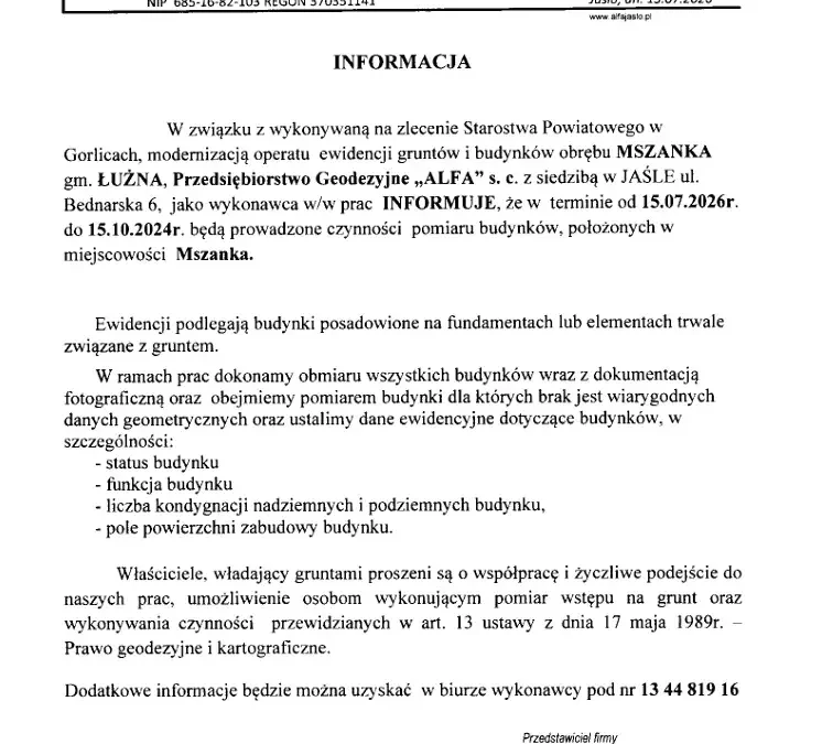 Mszanka: ruszyły pomiary budynków w ramach modernizacji ewidencji gruntów