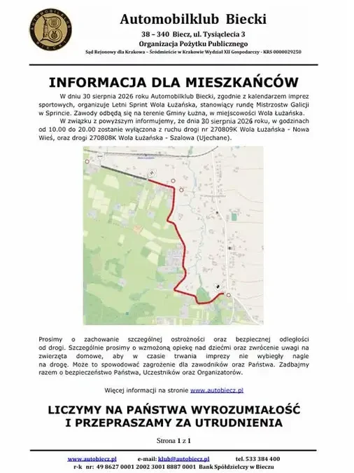 Letni Sprint w Woli Łużańskiej – 3. runda Mistrzostw Galicji już 30 sierpnia