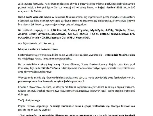 Pejzaż Festival 2026 w Zdyni: muzyka, natura i pomoc – mieszkańcy gminy z 50% zniżką