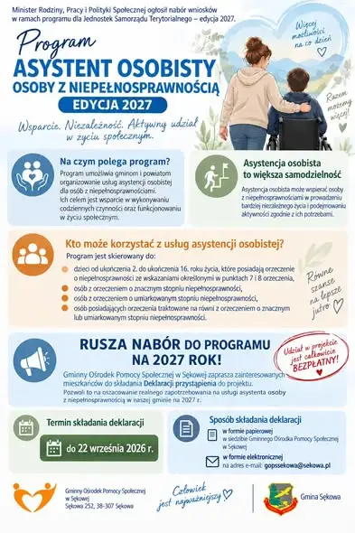 Gmina Sękowa zachęca do udziału w programie „Asystent osobisty osoby z niepełnosprawnością” – nabór na 2027 rok
