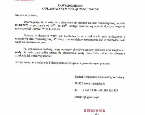 Łużna i Wola Łużańska: przerwa w dostawie wody 6 października