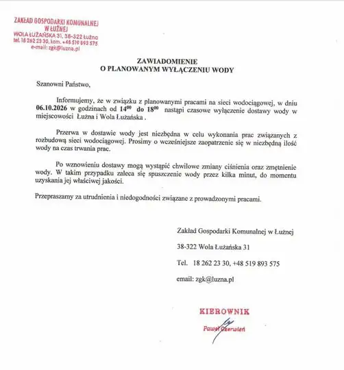 Łużna i Wola Łużańska: przerwa w dostawie wody 6 października